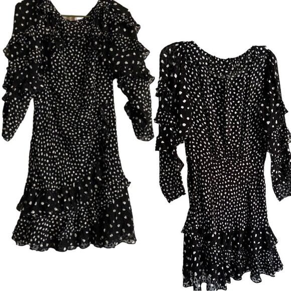 Rebecca TAYLOR Black White Dot Ruffle Long Sleeve Silk Crepe Dress size 2 
NWT - Picture 4 of 17